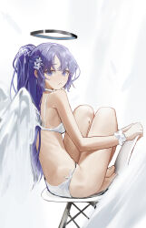 Rule 34 | 1girl, absurdres, blue archive, breasts, chair, closed mouth, halo, highres, long hair, looking at viewer, medium breasts, purple eyes, purple hair, renn 01, revision, sitting, solo, two side up, underwear, underwear only, yuuka (blue archive)