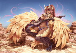 Rule 34 | 1girl, artist name, barbariank, bare shoulders, bird wings, blue eyes, breasts, brown hair, cleavage, curvy, dark-skinned female, dark skin, feathered wings, female focus, gandharva, gandharva (monster girl encyclopedia), harem outfit, harpy, instrument, jewelry, large breasts, long hair, looking at viewer, midriff, monster girl, monster girl encyclopedia, monster girl encyclopedia ii, navel, open mouth, pants, pasties, pointy ears, ponytail, revealing clothes, revision, signature, sitar, sitting, smile, solo, tail, talons, tan, thick thighs, thighs, wide hips, wings
