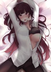 Rule 34 | 1girl, absurdres, bed, black bra, black pantyhose, blush, bra, breasts, girls&#039; frontline, hair ribbon, hands up, highres, long hair, looking at viewer, lying, medium breasts, on back, open clothes, open mouth, open shirt, pantyhose, purple hair, red eyes, red ribbon, ribbon, shirt, solo, stigmamyu, tears, underwear, wa2000 (girls&#039; frontline), white shirt