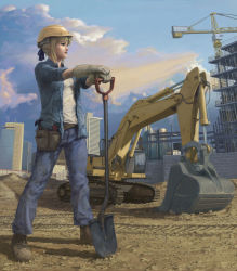 Rule 34 | 1girl, alternate costume, artoria pendragon (all), artoria pendragon (fate), blonde hair, boots, caterpillar tracks, cityscape, cloud, construction, construction site, crane (machine), evokid, excavator, fate/stay night, fate (series), hammer, hard hat, helmet, highres, outdoors, parody, pun, realistic, saber (fate), shovel, sky, sleeves rolled up, solo, worktool
