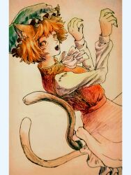 Rule 34 | 1girl, animal ear fluff, animal ears, brown eyes, brown hair, cat ears, cat girl, cat tail, chen, cowboy shot, fingernails, frilled skirt, frills, from side, green hat, hat, highres, long sleeves, looking at viewer, looking back, mob cap, multiple tails, open mouth, paw pose, pillarboxed, red skirt, red vest, sepia, sepia background, sharp fingernails, shirt, short hair, skirt, solo, tail, teeth, touhou, two tails, vest, white shirt, zero nana
