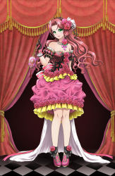 Rule 34 | 1girl, bad id, bad pixiv id, bare shoulders, bow, checkered floor, curtains, dress, floor, flower, frills, full body, gloves, green eyes, hair flower, hair ornament, jewelry, long hair, necklace, original, pink dress, pink footwear, red flower, red hair, red rose, ribbon, rose, shainea, shoes, smile, solo