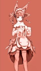 Rule 34 | 1girl, alcohol, bare shoulders, beer, beer mug, bow, breasts, brown background, brown theme, cleavage, cup, darandy, dress, feet out of frame, frilled dress, frills, medium breasts, monochrome, mug, original, parted lips, simple background, solo, strapless, strapless dress, thighhighs, twintails