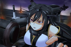 Rule 34 | 10s, 1girl, bare shoulders, black hair, elbow gloves, fingerless gloves, gloves, hairband, kantai collection, long hair, machinery, nagato (kancolle), nishi koutarou, open mouth, pacific rim, red eyes, shaded face, sky, solo, upper body