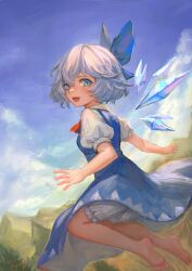 Rule 34 | 1girl, absurdres, barefoot, bloomers, blue bow, blue dress, blue eyes, blue hair, bow, bryanth, cirno, detached wings, dress, fairy, hair between eyes, hair bow, highres, ice, ice wings, open mouth, puffy short sleeves, puffy sleeves, shirt, short hair, short sleeves, smile, solo, touhou, underwear, white bloomers, white shirt, wings