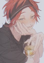 Rule 34 | 1boy, absurdres, alcohol, amagi rinne, aqua eyes, black shirt, blush, chain, chain necklace, chromatic aberration, commentary, crazy b (ensemble stars!), cup, drinking glass, earrings, ensemble stars!, grey background, head rest, highres, holding, holding cup, jewelry, looking at viewer, male focus, min (812nn im), muted color, necklace, red hair, ring, shirt, short hair, shot glass, simple background, smile, solo, sweatband