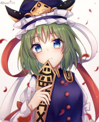 Rule 34 | 1girl, blue eyes, blue headwear, blue vest, closed mouth, green hair, head tilt, highres, holding, juliet sleeves, long sleeves, looking at viewer, medium hair, puffy sleeves, red petals, red ribbon, ribbon, rod of remorse, runa (runa7733), shiki eiki, simple background, sleeve ribbon, solo, touhou, upper body, vest, white background, white ribbon