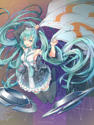 1girl absurdly_long_hair aqua_eyes aqua_hair aqua_necktie artist_name bare_shoulders black_sleeves black_thighhighs blush breasts detached_sleeves frilled_skirt frills full_body hair_between_eyes hair_ornament hatsune_miku highres holding long_hair long_sleeves looking_at_viewer medium_breasts miniskirt necktie open_mouth pink_nails shenhai_(2556146833) shirt sidelocks skirt sleeveless sleeveless_shirt smile solo thighhighs twintails very_long_hair vocaloid white_shirt wide_sleeves x_hair_ornament zettai_ryouiki