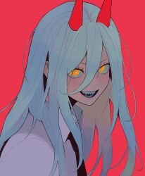 Rule 34 | 1girl, chainsaw man, collared shirt, cross-shaped pupils, demon horns, hair between eyes, highres, horns, long hair, looking at viewer, necktie, open mouth, power (chainsaw man), red background, red horns, risorins, sharp teeth, shirt, simple background, smile, solo, symbol-shaped pupils, teeth, white shirt, yellow eyes