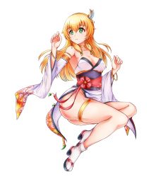 Rule 34 | 1girl, armlet, blonde hair, bracelet, breasts, busan no hamaguchi, carpaccio (girls und panzer), commentary, detached sleeves, earrings, floating, full body, girls und panzer, green eyes, hair bobbles, hair ornament, highres, hoop earrings, japanese clothes, jewelry, kimono, legs, long hair, looking to the side, medium breasts, neck ribbon, parted lips, pelvic curtain, red sash, ribbon, sash, shirt, simple background, socks, solo, strapless, strapless kimono, tabi, thighlet, white background, white kimono, white shirt, white socks, wide sleeves, wing hair ornament