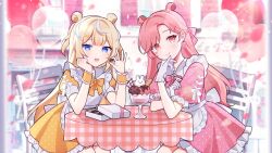 Rule 34 | 2girls, apron, balloon, blue eyes, blurry, blurry background, blush, bow, box, candy, chair, chocolate, chocolate heart, double bun, dress, facial mark, food, frilled apron, frills, hair behind ear, hair bun, heart, heart facial mark, highres, holding, holding chocolate, holding food, indie virtual youtuber, looking at viewer, luvdia, multicolored hair, multiple girls, nini yuuna, orange bow, orange dress, pink bow, pink dress, pink eyes, pink hair, polka dot, polka dot dress, second-party source, shabel tonya, sitting, smile, streaked hair, unmoving pattern, virtual youtuber, waka (wk4444), white apron, white hair