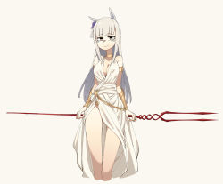 Rule 34 | 1girl, alternate eye color, ancient greek clothes, animal ears, bare shoulders, blunt bangs, bow, breasts, choker, cleavage, commentary, cosplay, ear bow, english commentary, gold ship (umamusume), granblue fantasy, greco-roman clothes, helel ben sahar (granblue fantasy), helel ben sahar (granblue fantasy) (cosplay), highres, horse ears, horse girl, lance of longinus (evangelion), long hair, looking at viewer, lucio (granblue fantasy), neon genesis evangelion, neonfloyd, official alternate costume, peplos, purple bow, simple background, solo, umamusume, yellow background