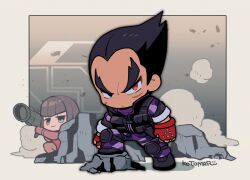 Rule 34 | 1boy, 1girl, :3, anna williams, black hair, blunt bangs, border, bulletproof vest, camouflage, chibi, chibi only, clenched hand, closed mouth, dust, facial scar, fingerless gloves, gloves, kotorai, mishima kazuya, no nose, rock, rocket launcher, scar, scar on cheek, scar on face, short hair, sideburns, studded gloves, tekken, thick eyebrows, v-shaped eyebrows, weapon, white border