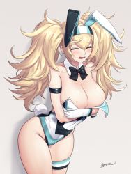 Rule 34 | 1girl, alternate costume, animal ears, areola slip, arms under breasts, bare shoulders, blonde hair, blush, bow, bowtie, breasts, commentary request, crossed arms, detached collar, embarrassed, fake animal ears, fake tail, fishnets, gambier bay (kancolle), gloves, hairband, highres, kantai collection, large breasts, leotard, long hair, odachu, open mouth, playboy bunny, rabbit ears, rabbit tail, simple background, solo, strapless, strapless leotard, tail, tearing up, thigh strap, twintails, wrist cuffs