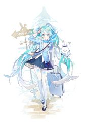 Rule 34 | 1girl, absurdres, aqua eyes, aqua hair, arm behind back, arm up, closed mouth, hair ornament, hat, hatsune miku, highres, jacket, long hair, looking at viewer, luggage, mary janes, pantyhose, pleated skirt, rabbit, rabbit yukine, rolling suitcase, salute, scarf, shoes, skirt, smile, solo, soyoong jun, standing, suitcase, twintails, vocaloid, white pantyhose, yuki miku, yuki miku (2023) (applicant)