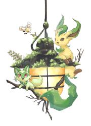 Rule 34 | animal focus, branch, brown eyes, creatures (company), cutiefly, fern, game freak, gen 4 pokemon, gen 7 pokemon, hanging light, highres, lamp, leaf, leafeon, looking at another, moss, nintendo, no humans, open mouth, pawpads, pokemon, pokemon (creature), red eyes, simple background, sprigatito, volpecorvo, white background