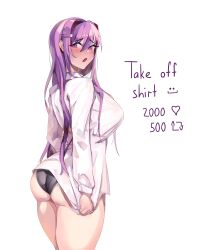 Rule 34 | 1girl, absurdres, ass, bare legs, black panties, blush, breasts, butt crack, covering privates, doki doki literature club, english text, from side, hair between eyes, hair intakes, hair ornament, hairclip, highres, huge breasts, jacket, large breasts, long bangs, long hair, looking back, meme, panties, purple hair, shy, sideboob, simple background, solo, thick thighs, thighs, twitter strip game (meme), underwear, wedgie, white background, white jacket, yudsnuts, yuri (doki doki literature club)