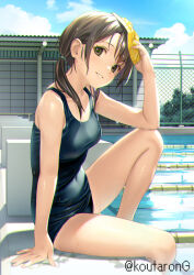 Rule 34 | 1girl, arm support, bare arms, bare legs, bare shoulders, black one-piece swimsuit, brown eyes, brown hair, chain-link fence, cloud, day, fence, fingernails, koutaro, looking at viewer, old school swimsuit, one-piece swimsuit, open mouth, original, outdoors, pool, school swimsuit, school uniform, sitting, sky, smile, solo, swimsuit, twitter username, water