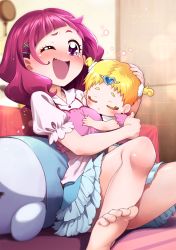 Rule 34 | 10s, 2girls, baby, barefoot, blonde hair, blush, commentary request, convenient leg, closed eyes, feet, hayashi keita, highres, hug-tan (precure), hugtto! precure, multiple girls, nono hana, nose blush, one eye closed, pink eyes, pink hair, precure, puffy short sleeves, puffy sleeves, short sleeves, short twintails, sitting, skirt, soles, tears, toes, twintails, wavy mouth