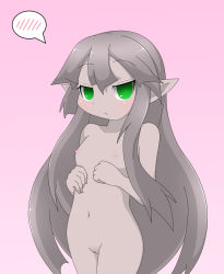 Rule 34 | 1girl, brown hair, colored skin, flat chest, gnome (mon-musu quest!), green eyes, grey skin, long hair, looking at viewer, mon-musu quest!, nipples, nude, pussy