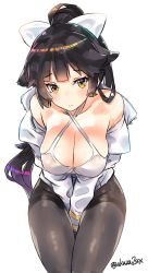 Rule 34 | 1girl, akaza, azur lane, between legs, black hair, blunt bangs, blush, bow, breasts, cleavage, closed mouth, collarbone, criss-cross halter, hair bow, hair flaps, halterneck, hand between legs, highres, hip focus, jacket, large breasts, leaning forward, light frown, long hair, looking at viewer, one-piece swimsuit, open clothes, open jacket, pantyhose, ponytail, sidelocks, simple background, solo, swimsuit, takao (azur lane), takao (beach rhapsody) (azur lane), thighband pantyhose, thighs, tsurime, twitter username, very long hair, white background, white bow, white one-piece swimsuit, yellow eyes