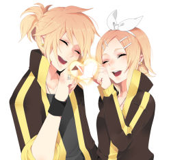Rule 34 | 1boy, 1girl, bad id, bad pixiv id, blonde hair, brother and sister, casual, earrings, closed eyes, hair ornament, hair ribbon, hairclip, heart, jacket, jewelry, kagamine len, kagamine rin, nail polish, necklace, open mouth, ponytail, ribbon, ring, short hair, siblings, smile, takesouko, track jacket, twins, vocaloid, wristband, yellow nails