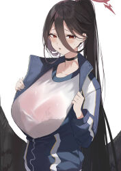 Rule 34 | 1girl, black bra, black choker, black hair, blue archive, blue jacket, blush, bra, bra visible through clothes, breasts, choker, commentary, furrowed brow, gym uniform, hair between eyes, halo, hasumi (blue archive), hasumi (track) (blue archive), highres, jacket, lace, lace-trimmed bra, lace trim, large breasts, ljpwow, long hair, long sleeves, looking at viewer, low wings, mole, mole under eye, official alternate costume, parted lips, partially unzipped, ponytail, red eyes, see-through, shirt, simple background, solo, sweat, sweatdrop, track jacket, underwear, upper body, wet, wet clothes, wet shirt, white background, white shirt, wings