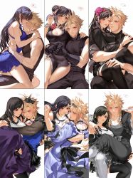 Rule 34 | anger vein, baseball bat, black dress, black hair, black thighhighs, blush, breasts, carrying, china dress, chinese clothes, cleavage, cloud strife, crossdressing, double bun, dress, duoj ji, embarrassed, final fantasy, final fantasy vii, final fantasy vii remake, fingerless gloves, gloves, hair bun, heart, highres, holding, holding hands, holding weapon, hug, japanese clothes, kimono, kiss, kissing nose, nail, nail bat, official alternate costume, over shoulder, princess carry, purple dress, role reversal, sitting, sitting on lap, sitting on person, spiked hair, spoken anger vein, spoken blush, spoken heart, square enix, thighhighs, tifa lockhart, tifa lockhart (exotic dress), tifa lockhart (refined dress), tifa lockhart (sporty dress), wall market, weapon, weapon over shoulder