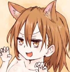 Rule 34 | 1girl, :d, animal ear fluff, animal ears, breasts, brown eyes, brown hair, cat day, cat ears, claw pose, commentary request, hair between eyes, hands up, i.u.y, kemonomimi mode, light blush, long bangs, looking at viewer, medium breasts, medium hair, nude, open mouth, orange background, portrait, shiny skin, shokuhou misaki, smile, solo, toaru majutsu no index, upper body, v-shaped eyebrows