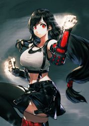 Rule 34 | 1girl, arm guards, bike shorts, black hair, black skirt, commentary request, crop top, earrings, elbow pads, final fantasy, final fantasy vii, final fantasy vii remake, fingerless gloves, gloves, highres, jewelry, jun (navigavi), leg up, long hair, looking at viewer, low-tied long hair, red eyes, shirt, skirt, sleeveless, solo, suspender skirt, suspenders, suspenders gap, swept bangs, tank top, taut clothes, taut shirt, thighhighs, tifa lockhart, very long hair, white tank top