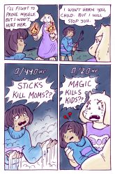 Rule 34 | 1girl, 4koma, androgynous, bad end, comic, death, dust, english text, failure, fire, frisk (undertale), furry, gameplay mechanics, highres, monster girl, o o, peppermintbee, red eyes, shirt, stick, striped clothes, striped shirt, tears, toriel, undertale