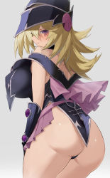 Rule 34 | 1girl, absurdres, ass, back, bad id, bad pixiv id, bare shoulders, blonde hair, breasts, bridal gauntlets, butt crack, capelet, dress, duel monster, elbow gloves, gloves, grey background, hat, highres, kataku musou, large breasts, looking at viewer, looking back, magi magi magician gal, off-shoulder dress, off shoulder, panties, pink skirt, pulling own clothes, purple eyes, shaded face, simple background, skindentation, skirt, smile, solo, thick thighs, thighs, underwear, wizard hat, yu-gi-oh!, yu-gi-oh! zexal