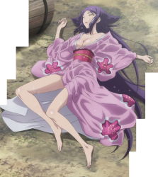 Rule 34 | barefoot, breasts, bucket, cleavage, feet, flower, highres, japanese clothes, kimono, large breasts, long hair, lying, mushibugyou, oharu (mushibugyou), open clothes, outdoors, purple hair, screencap, unconscious, very long hair, wet, wet clothes, yukata