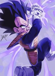 Rule 34 | 1boy, angry, armor, black eyes, black hair, boots, dragon ball, dragonball z, fighting stance, frown, galick gun, gloves, incoming attack, looking down, male focus, reeya, short hair, signature, spiked hair, tail, vegeta, white gloves