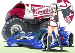 Rule 34 | 1girl, blush, boots, bridal gauntlets, car, gustav (telomere na), headset, highres, looking at viewer, looking back, midriff, monster truck, motor vehicle, original, race queen, race vehicle, racecar, red eyes, silver hair, solo, umbrella, vehicle focus
