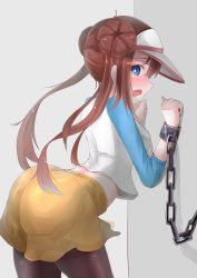 Rule 34 | 10s, 1girl, against wall, alternate color, artist request, ass, back, bdsm, black pantyhose, blue eyes, blush, bondage, bound, breasts, brown hair, chain, creatures (company), cuffs, double bun, female focus, game freak, hair bun, handcuffs, highres, hip focus, knees, large breasts, legs, long hair, looking at viewer, midriff, nintendo, open mouth, pantyhose, pantyhose under shorts, pokemon, pokemon adventures, pokemon bw2, raglan sleeves, rosa (pokemon), shackles, shirt, short shorts, shorts, solo, twintails, visor cap