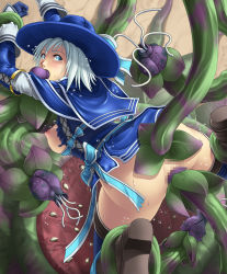 1girl anal armor blue_eyes boots bottomless breasts capcom censored double_penetration fellatio hat highres lien_(armor) monster_hunter monster_hunter_(series) monster_hunter_frontier multiple_penetration oral plant rape spitroast tentacle_sex tentacles thor_(deep_rising) triple_penetration vaginal white_hair