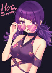 Rule 34 | 1girl, :p, adjusting eyewear, adjusting glasses, bare shoulders, bikini, black background, breasts, collarbone, deadnooodles, diagonal bangs, english text, halterneck, heart, heart print, highres, idolmaster, idolmaster shiny colors, looking over eyewear, looking over glasses, nail polish, pink-tinted eyewear, pink-tinted glasses, purple bikini, purple eyes, purple hair, sidelocks, simple background, small breasts, solo, star (symbol), star print, sunglasses, swimsuit, tanaka mamimi, tinted eyewear, tongue, tongue out, twintails, upper body