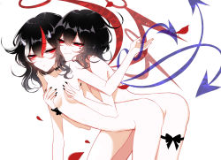 Rule 34 | 2girls, asymmetrical wings, bad id, bad pixiv id, bent over, black bow, black choker, black hair, black nails, black wristband, bow, breasts, choker, collarbone, cowboy shot, eye contact, flower, grabbing, grabbing another&#039;s breast, grey horns, hair between eyes, highres, horns, houjuu nue, kijin seija, leaning forward, looking at another, multicolored hair, multiple girls, nail polish, nude, petals, red eyes, red flower, red hair, red nails, red rose, rose, sheya, short hair, simple background, small breasts, smile, standing, streaked hair, thighs, touhou, wavy hair, white background, white hair, wings, wristband, yuri