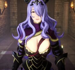 Rule 34 | 1girl, 3d, animated, areola slip, armor, between breasts, breasts, camilla (fire emblem), castle interior, cleavage, dress, fire emblem, gloves, hair over one eye, hands on another&#039;s cheeks, indoors, interior, large breasts, nintendo, nodusfm, pov, purple hair, solo, strap between breasts, tagme, video