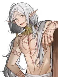 Rule 34 | 1boy, arm tattoo, bamu (bamu0504), chest tattoo, dungeon meshi, elf, gorget, green eyes, grey hair, hair around ear, hair tubes, highres, long hair, looking at viewer, low twintails, lycion, male focus, notched ear, pointy ears, simple background, smile, solo, tattoo, topless male, twintails, white background