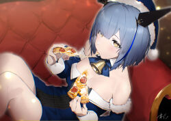 Rule 34 | 1girl, azur lane, bare shoulders, bell, black nails, blue bow, blue bowtie, blue dress, blue hair, blue hat, blue sleeves, bow, bowtie, breasts, christmas, cleavage, collar, cross, detached collar, detached sleeves, dress, eating, food, gascogne (azur lane), hands up, hat, headgear, highres, holding, holding food, holding pizza, light blush, looking at viewer, medium breasts, neck bell, oregano (olgn eao), pepperoni, pizza, santa costume, santa dress, santa hat, short hair, signature, sitting, solo, white collar, yellow eyes