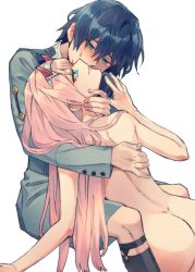 Rule 34 | 10s, 1boy, 1girl, ass, black hair, blue eyes, blush, clothed male nude female, commentary request, couple, darling in the franxx, fringe trim, green eyes, hair ornament, hairband, hand on another&#039;s back, hand on another&#039;s neck, hand on another&#039;s shoulder, hetero, highres, hiro (darling in the franxx), horns, hug, kneeling, long hair, looking at another, military, military uniform, nude, oni horns, pink hair, red horns, shigemitsu jun, short hair, sitting, socks, sweat, uniform, white hairband, zero two (darling in the franxx)