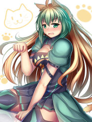 Rule 34 | 1girl, absurdres, animal ears, atalanta (fate), blush, cat ears, embarrassed, fate/apocrypha, fate (series), floral print, gradient hair, green eyes, guardian-panda, highres, long hair, looking at viewer, multicolored hair, paw pose, reflective floor, solo, tail, thighhighs, wavy mouth