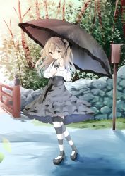 Rule 34 | 10s, 1girl, agaki anko, bad id, bad pixiv id, black bow, black bowtie, black footwear, black skirt, black thighhighs, bow, bowtie, bridge, brown eyes, casual, closed mouth, collared shirt, full body, girls und panzer, highres, holding, holding umbrella, layered skirt, light brown hair, long hair, long sleeves, looking at viewer, mary janes, outdoors, shimada arisu, shirt, shoes, side ponytail, skirt, solo, standing, striped clothes, striped thighhighs, suspender skirt, suspenders, thighhighs, umbrella, white shirt