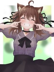Rule 34 | 1girl, ^ ^, absurdres, ahoge, animal ear fluff, animal ears, black bow, black choker, black ribbon, black skirt, blurry, blurry background, blush, bow, breasts, brown hair, cat ears, choker, closed eyes, collared shirt, commentary, depth of field, facing viewer, grey shirt, grin, hair ribbon, hands up, highres, hololive, looking at viewer, natsuiro matsuri, natsuiro matsuri (casual), puffy short sleeves, puffy sleeves, ribbon, rururaroru, shirt, short sleeves, skirt, small breasts, smile, solo, twintails, virtual youtuber