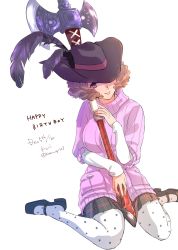 Rule 34 | 1girl, axe, black footwear, brown hair, dated, floral print, happy birthday, hat, hat feather, highres, holding, holding weapon, komugi (mugiwaraclub), mary janes, okumura haru, one eye covered, pantyhose, persona, persona 5, pink sweater, plaid, plaid skirt, pleated skirt, print pantyhose, purple eyes, ribbed sweater, school uniform, shoes, shuujin academy school uniform, signature, sitting, skirt, smile, solo, sweater, twitter username, wariza, weapon, white pantyhose