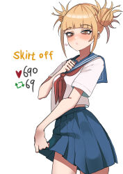 Rule 34 | 1girl, absurdres, alternate costume, bad arm, blonde hair, blue sailor collar, blue skirt, blunt bangs, blush, boku no hero academia, breasts, cowboy shot, english text, hand up, highres, meme, miniskirt, neckerchief, pleated skirt, red neckerchief, sailor collar, shirt, short sleeves, simple background, skirt, small breasts, solo, toga himiko, twitter strip game (meme), white background, white shirt, yellow eyes, zd (pixiv6210083)