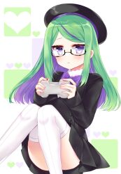 Rule 34 | 1girl, beret, black-framed eyewear, black hat, black jacket, black skirt, bow, bowtie, closed mouth, commission, controller, convenient leg, feet out of frame, game controller, glasses, green hair, hat, heart, highres, holding, holding controller, jacket, knees together feet apart, knees up, long hair, looking at viewer, multicolored hair, original, pleated skirt, purple bow, purple bowtie, purple eyes, purple hair, semi-rimless eyewear, shikito (yawa0w0), shirt, skeb commission, skirt, solo, swept bangs, thighhighs, two-tone hair, under-rim eyewear, white background, white shirt, white thighhighs