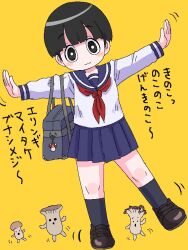 Rule 34 | 1girl, bag, bag charm, black eyes, black footwear, black hair, blue sailor collar, blue skirt, blush stickers, bowl cut, bright pupils, charm (object), commentary, fukuro (fxxk law), jaggy lines, long sleeves, looking at viewer, mushroom, neckerchief, original, outstretched arms, pleated skirt, red neckerchief, sailor collar, school uniform, serafuku, shirt, short hair, simple background, skirt, smile, socks, solo, spread arms, standing, standing on one leg, symbol-only commentary, translation request, white pupils, white shirt, yellow background